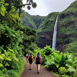 Caribbean Holidays, Caribbean Adventure Holidays, Hikers walking along a lush Caribbean rainforest trail beside a waterfall and dramatic green mountains