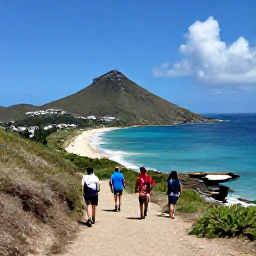 Caribbean Holidays, Caribbean Adventure Holidays, Hikers walking along a scenic coastal trail above a turquoise bay on Saint Martin