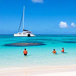 Caribbean Holidays, Caribbean Adventure Holidays, Luxury catamaran sailing across clear Caribbean water near a sandy beach, with snorkellers viewing a colourful coral reef