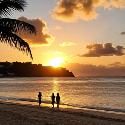 Caribbean Holidays, Caribbean Adventure Holidays, Travellers enjoying a golden sunset beside a quiet Caribbean beach on Saint Martin