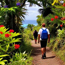Caribbean Holidays, Caribbean Adventure Holidays, Travellers hiking along a well-marked Caribbean mountain path surrounded by rainforest, tropical flowers and distant sea views