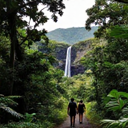 Caribbean Holidays, Caribbean Adventure Holidays, Travellers hiking through lush tropical rainforest towards a Caribbean waterfall with volcanic hills in the background