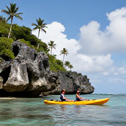 Caribbean Holidays, Caribbean Adventure Holidays, Visitors kayaking through calm turquoise Caribbean water along a dramatic coastline with palm trees and limestone cliffs