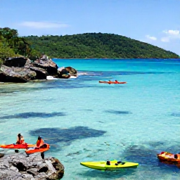 Caribbean Holidays, Caribbean Adventure, Kayakers exploring clear Caribbean water near a rocky coastline, with colourful fish visible below and green hills in the distance