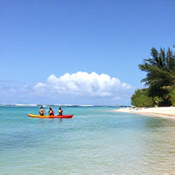 Caribbean Holidays, Caribbean Adventure, Kayakers paddling through calm turquoise water beside a quiet tropical beach on a Grenadine island, Caribbean sunshine