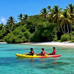 Caribbean Holidays, Caribbean Adventure, Kayakers paddling through clear Caribbean water beside a lush tropical coastline