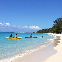 Caribbean Holidays, Caribbean Adventure, People kayaking and paddleboarding in clear turquoise water beside a sandy Caribbean beach