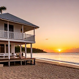 Caribbean Holidays, Caribbean Adventure, Relaxed budget-friendly Caribbean guesthouse beside a sandy beach at sunset