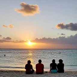 Caribbean Holidays, Caribbean Adventure, Relaxed Caribbean beach at sunset with travellers sitting near the water after an active day