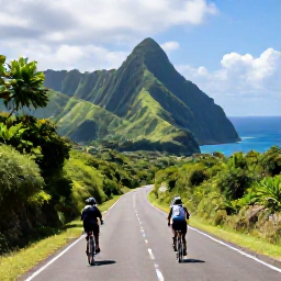 Caribbean Holidays, Caribbean Adventure Tours, Cyclist and hikers exploring a scenic Caribbean mountain road with dramatic green hills and sea views, realistic travel photography