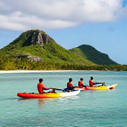 Caribbean Holidays, Caribbean Adventure Tours, Sea kayakers paddling along a calm turquoise Caribbean coastline with green islands in the background, realistic holiday photography