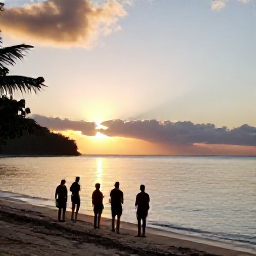 Caribbean Holidays, Caribbean Adventure Tours, Small group of travellers enjoying a guided Caribbean adventure at sunset beside the sea, warm natural light, realistic travel photography