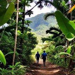 Caribbean Holidays, Caribbean Adventure, Travellers hiking on a lush Caribbean rainforest trail with tropical plants, mountain views and filtered sunlight