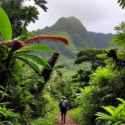 Caribbean Holidays, Caribbean Adventure, Travellers hiking through lush rainforest on a Caribbean island with mountains and tropical foliage around them