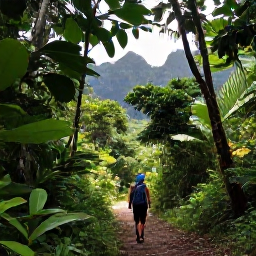 Caribbean Holidays, Caribbean Adventure, Travellers hiking through lush tropical rainforest on a marked trail, with dramatic Caribbean mountains and sunlight filtering through the leaves