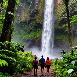 Caribbean Holidays, Caribbean Adventure, Travellers hiking through lush tropical rainforest towards a Caribbean waterfall