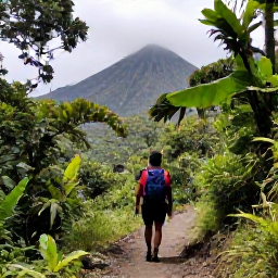 Caribbean Holidays, Caribbean Adventure, Travellers hiking through tropical rainforest on the La Soufri&egrave;re volcano trail, with mountain views and lush vegetation