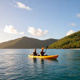 Caribbean Holidays, Caribbean Adventure, Travellers kayaking through calm turquoise Caribbean water beneath green hills on a sunny morning