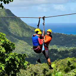 Caribbean Holidays, Caribbean Adventure, Travellers zip-lining above tropical forest with mountains and blue sea in the distance