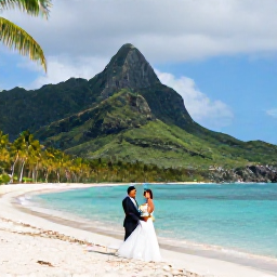 Caribbean Holidays, Caribbean Adventure Weddings, A couple in wedding clothes standing on a tropical Caribbean beach beside turquoise water, palm trees and dramatic green hills