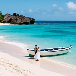 Caribbean Holidays, Caribbean Adventure Weddings, Bride and groom arriving by small boat at a secluded Caribbean beach, with clear blue sea and rugged coastline