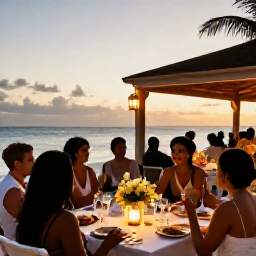 Caribbean Holidays, Caribbean Adventure Weddings, Intimate Caribbean wedding reception at a beachfront restaurant at sunset, with flowers, lanterns and guests celebrating