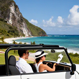Caribbean Holidays, Caribbean Adventure Weddings, Newly married couple exploring a Caribbean coastline in an open-top jeep, with bright sea, cliffs and tropical scenery