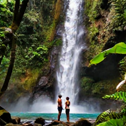 Caribbean Holidays, Caribbean Adventure Weddings, Newlyweds hiking through lush Caribbean rainforest towards a waterfall, with tropical plants and filtered sunlight