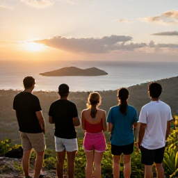 Caribbean Holidays, Caribbean Adventures, A friendly group of travellers watching sunset from a Caribbean mountain viewpoint, with ocean and islands stretching into the distance