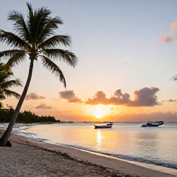 Caribbean Holidays, Caribbean Adventures, A golden Caribbean sunset over a calm beach with palm trees and small boats