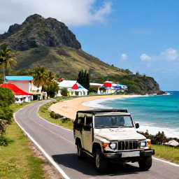 Caribbean Holidays, Caribbean Adventures, A guided jeep tour travelling along a scenic Caribbean coastal road with colourful villages, palm trees and rugged hills