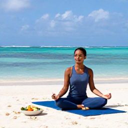 Caribbean Holidays, Caribbean Adventures, A relaxed traveller enjoying yoga and a healthy meal at a peaceful Caribbean resort