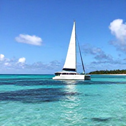 Caribbean Holidays, Caribbean Adventures, A small catamaran sailing past a tropical Caribbean island with clear turquoise water and bright sunshine