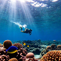 Caribbean Holidays, Caribbean Adventures, A snorkeller above a vibrant Caribbean coral reef with colourful tropical fish and sunbeams through clear water