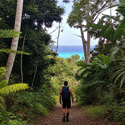 Caribbean Holidays, Caribbean Adventures, A traveller hiking along a lush Caribbean rainforest trail with distant turquoise sea views