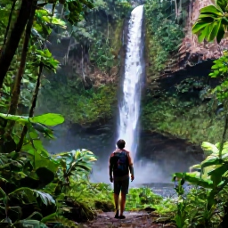 Caribbean Holidays, Caribbean Adventures, A traveller hiking through lush rainforest towards a Caribbean waterfall, bright natural light and dramatic tropical scenery