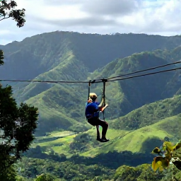 Caribbean Holidays, Caribbean Adventures, A zip-line adventurer travelling above a Caribbean rainforest canopy, with distant mountains and deep green valleys