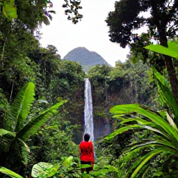 Caribbean Holidays, Caribbean Adventures, Visitors hiking through a lush Caribbean rainforest beside a waterfall, with tropical plants and volcanic mountains in the distance