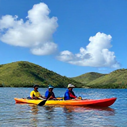 Caribbean Holidays, Caribbean Adventures, Visitors kayaking through calm Caribbean water beneath green hills and a bright blue sky