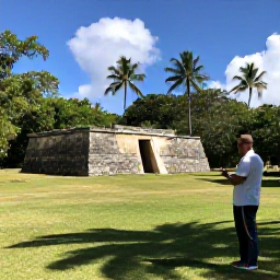Caribbean Holidays, Caribbean Archaeological Sites, Friendly local guide explaining Caribbean archaeological history to visitors at a sunlit outdoor heritage site, with tropical scenery in the background