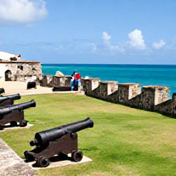 Caribbean Holidays, Caribbean Archaeological Sites, Historic stone fort overlooking the Caribbean sea in Barbados, with cannons, grassy grounds and visitors walking through the old walls