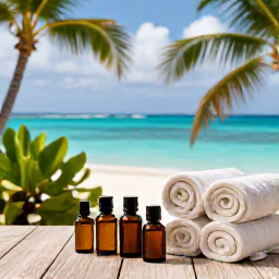 Caribbean Holidays, Caribbean Aromatherapy, A tranquil Caribbean spa terrace beside turquoise sea, with tropical greenery, oil bottles and soft towels