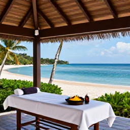 Caribbean Holidays, Caribbean Aromatherapy, Caribbean massage treatment in an open-air spa pavilion overlooking a sandy beach and calm blue water