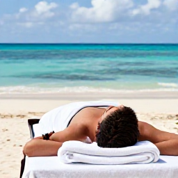 Caribbean Holidays, Caribbean Aromatherapy, Relaxed holidaymaker resting on a shaded Caribbean beach after a spa treatment, with a folded towel and calm sea