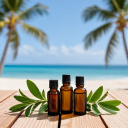 Caribbean Holidays, Caribbean Aromatherapy, Small glass bottles of essential oils and fresh Caribbean herbs on a wooden spa table, with palm trees and ocean beyond