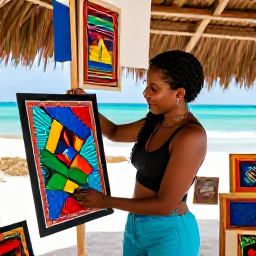 Caribbean Holidays, Caribbean Art Exhibitions, A traveller choosing a colourful handmade Caribbean artwork from a friendly artist's studio near the coast