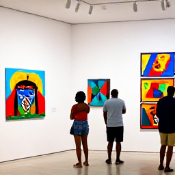 Caribbean Holidays, Caribbean Art Exhibitions, Colourful contemporary Caribbean artwork displayed in a bright gallery in Bridgetown, Barbados, with visitors browsing the exhibition