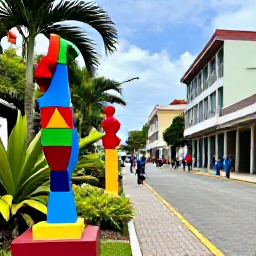 Caribbean Holidays, Caribbean Art Exhibitions, Open-air art exhibition beside a historic Caribbean street, with colourful sculptures, tropical plants and visitors enjoying the afternoon