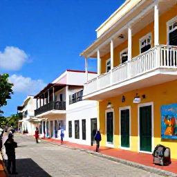 Caribbean Holidays, Caribbean Art Galleries, A bright Caribbean art gallery with colourful paintings, sculptures, and visitors exploring a historic island town