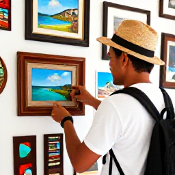 Caribbean Holidays, Caribbean Art Galleries, A traveller choosing a small Caribbean painting in a friendly island gallery, with framed artwork and handmade crafts on display